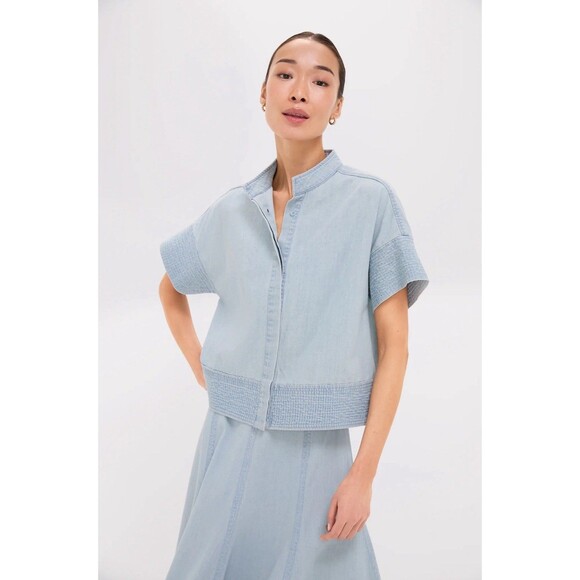 Tuckernuck Sofia Top XXS Light Wash Denim Trapunto Stitch Short Sleeve Shirt - Picture 1 of 10